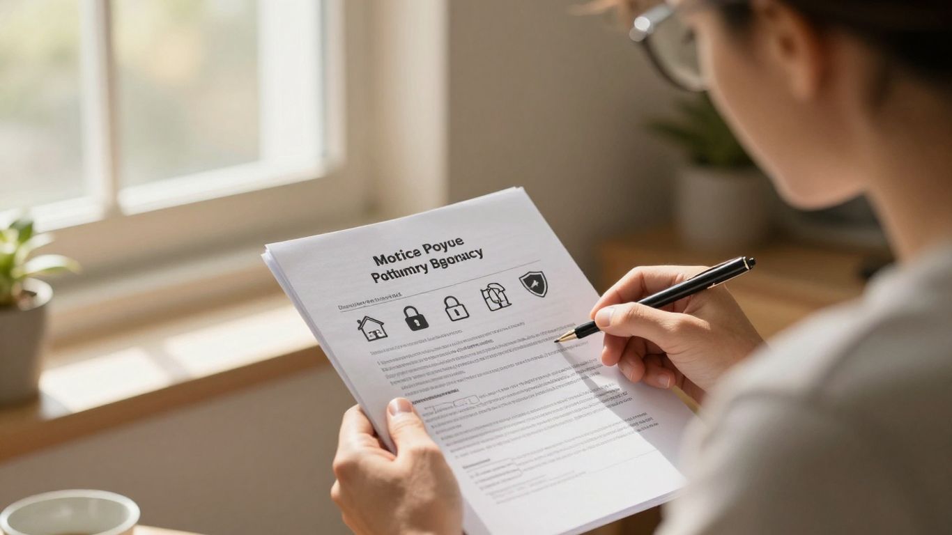 Persona revisando póliza de seguro de hogar con iconos protectores.