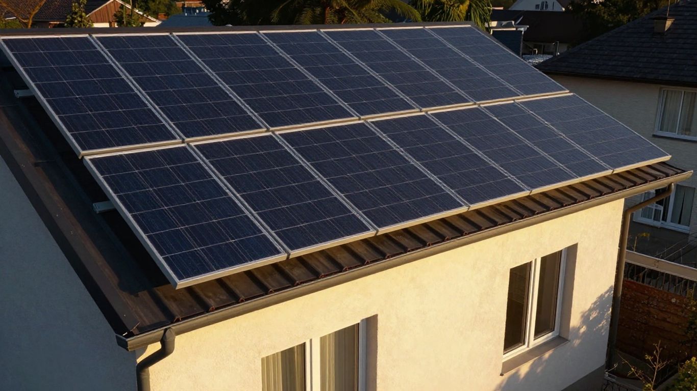 Panneaux solaires sur un toit avec le soleil.