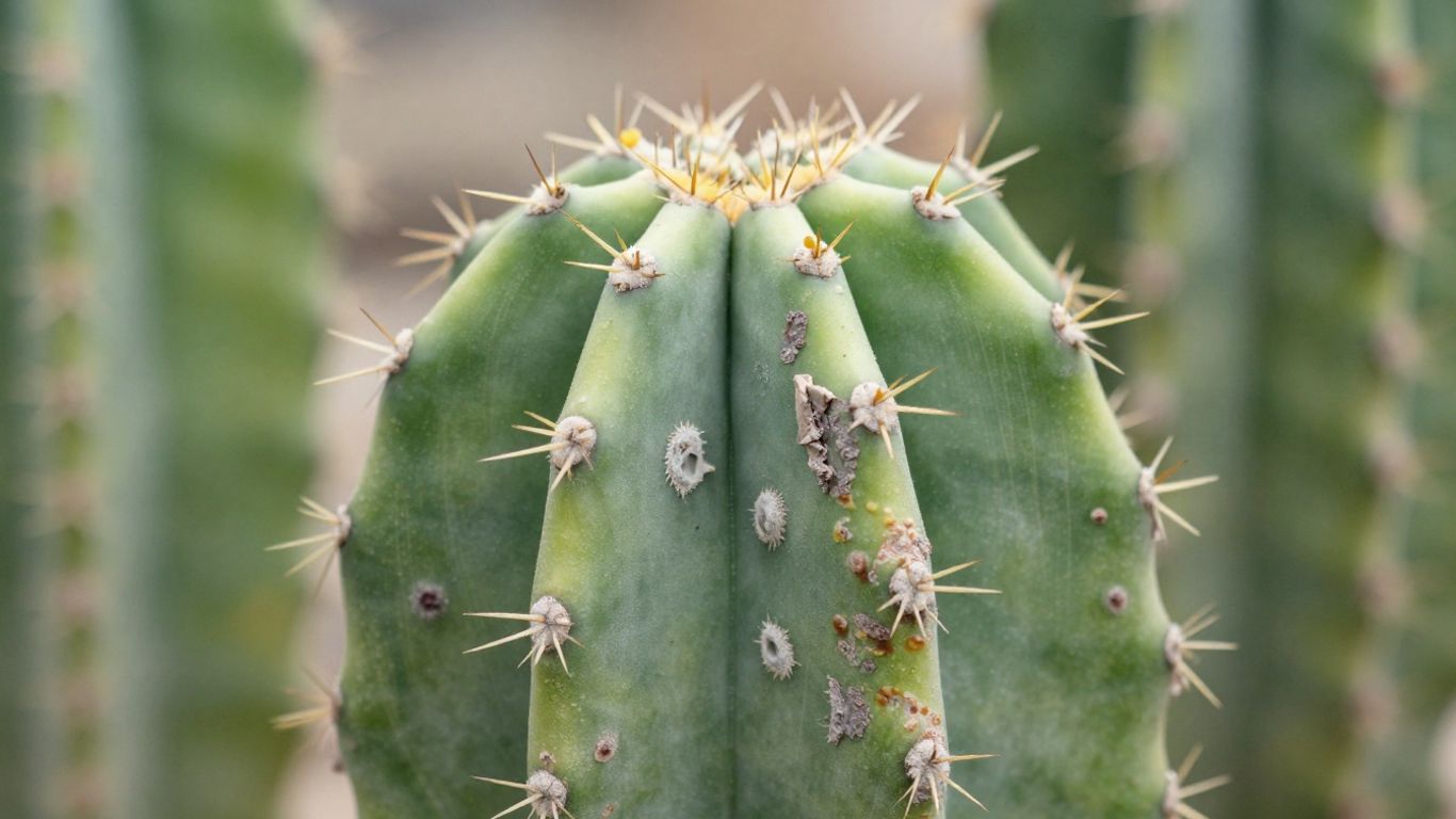 Cactus con manchas y marchitamiento por enfermedad fúngica.