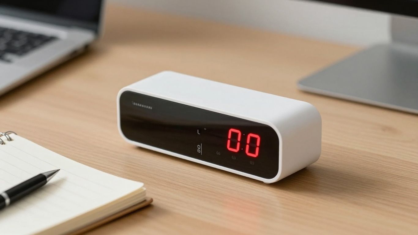 Minimalist timer on a desk, indicating focused work.