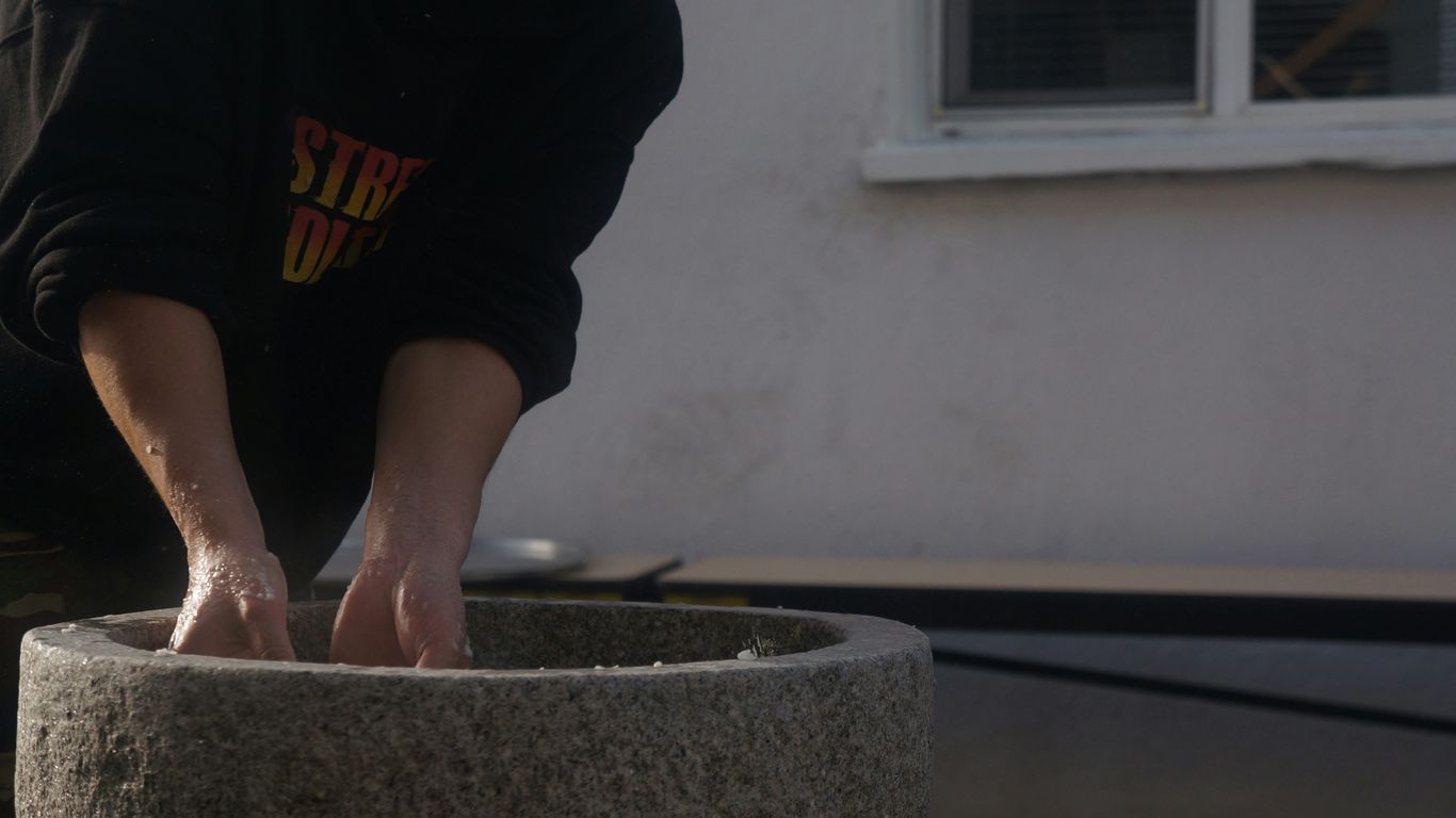 Stone furniture installation with careful handling