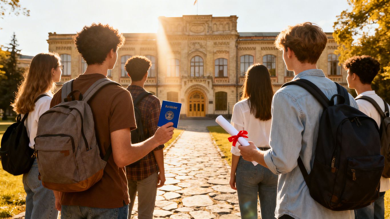 International students approaching a university entrance.