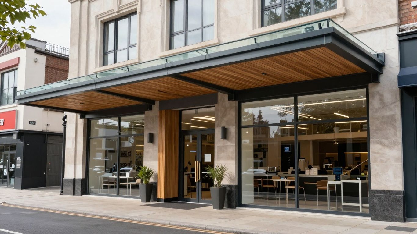 Modern entrance canopy designs for UK retail and commercial buildings.