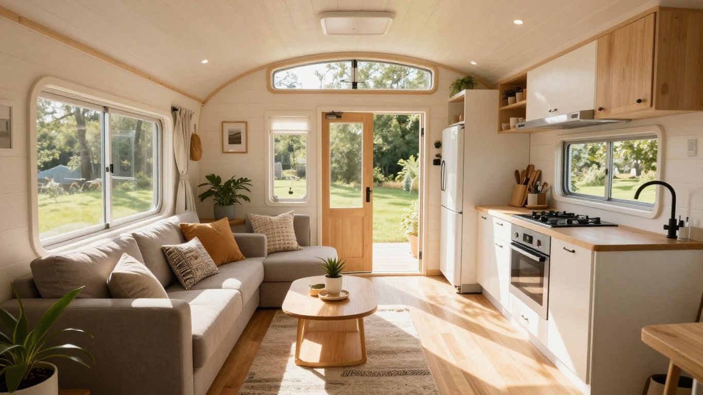 Cozy and bright 700 sq ft tiny house interior.