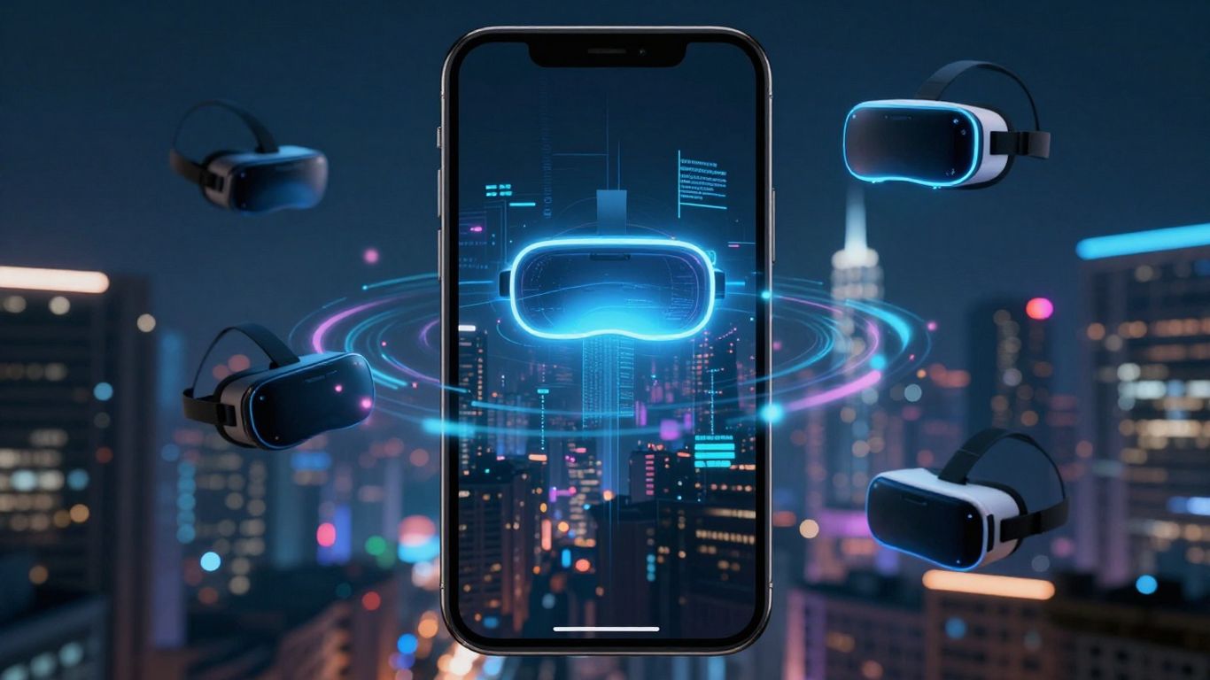 Smartphone displaying AR and VR elements in a cityscape.