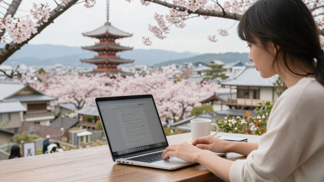 Digital nomad working remotely in Japan with cityscape.
