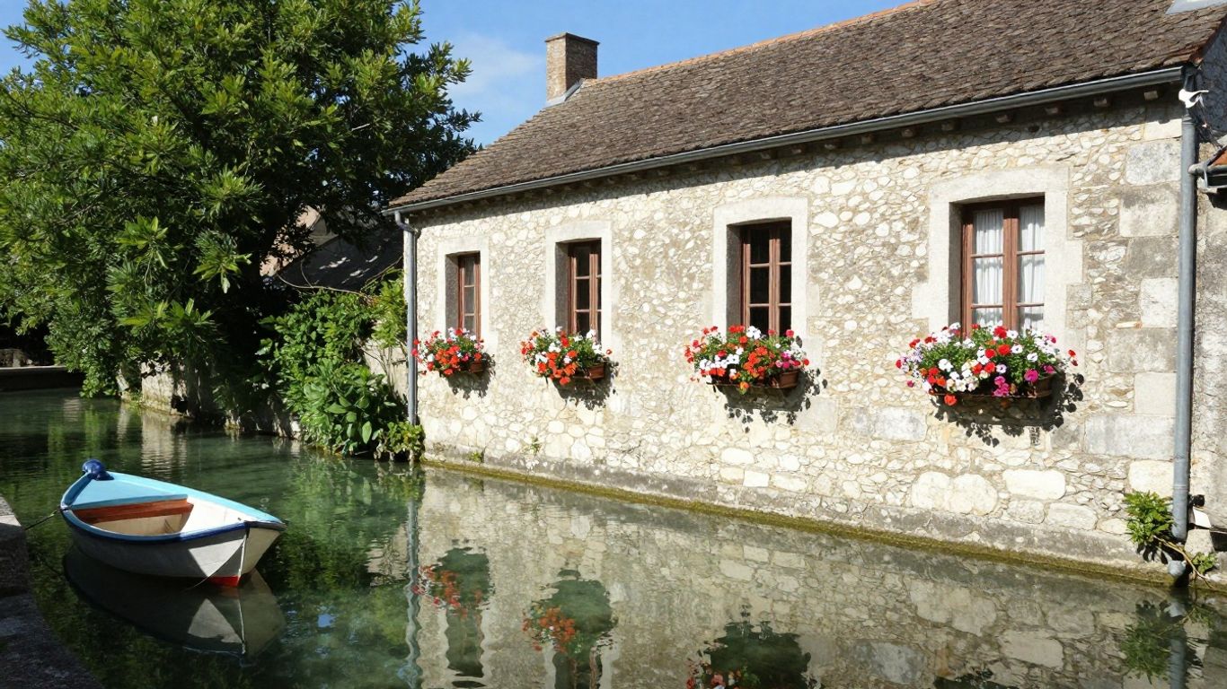Charming canal-side building in L'Isle-sur-la-Sorgue with flowers.