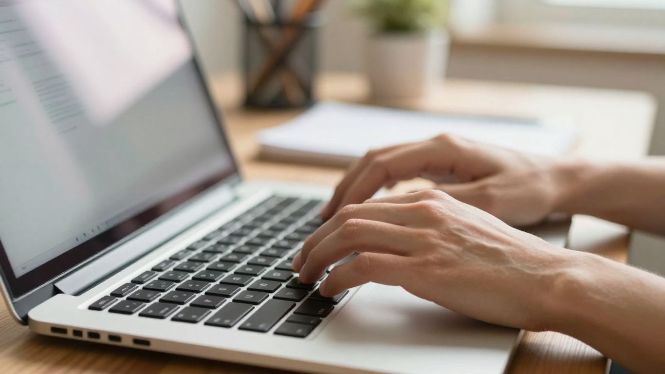 Ręce piszące na klawiaturze laptopa, tworzenie strony internetowej.