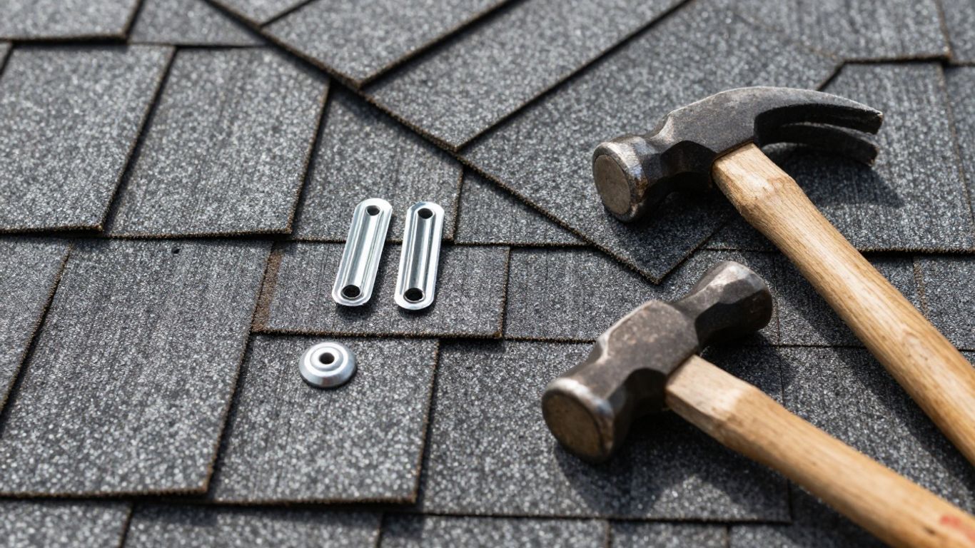 Roofing materials and tools arranged for clarity.