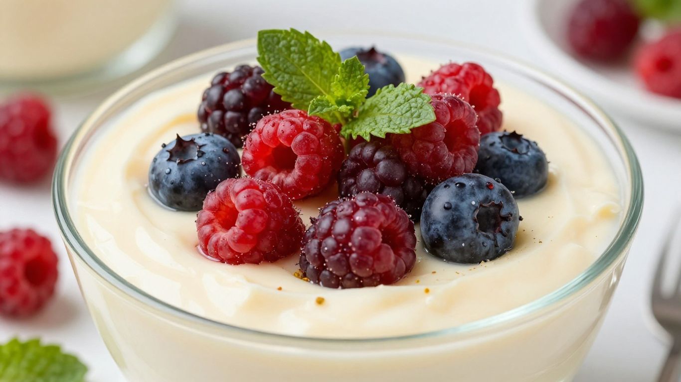 Colorful protein dessert with fresh berries and creamy texture.
