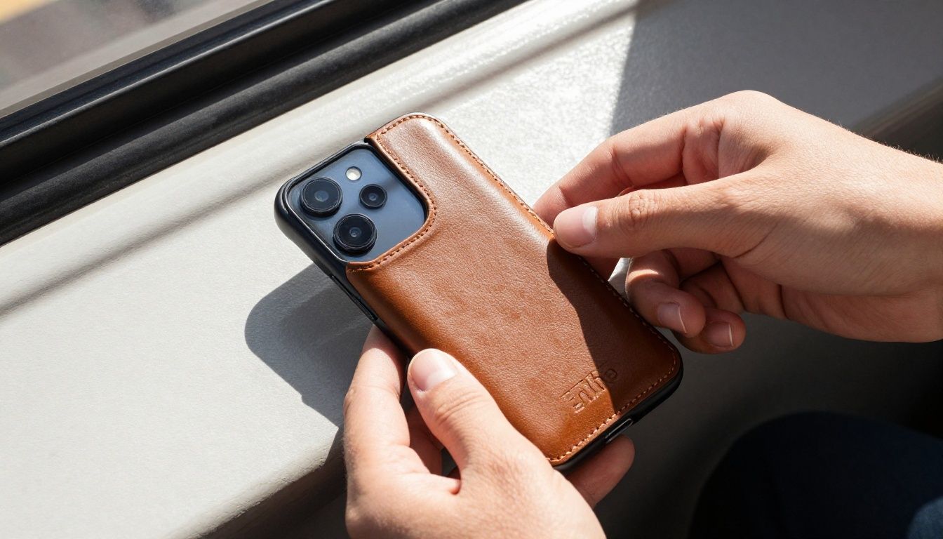 A person easily tapping their Galaxy S25 Edge in a leather wallet case on a public transport card reader in a sunlit Australian city.