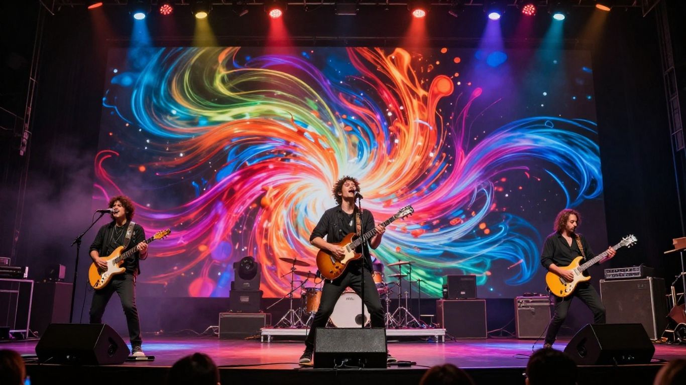 Musician performing with AI-generated visual effects.