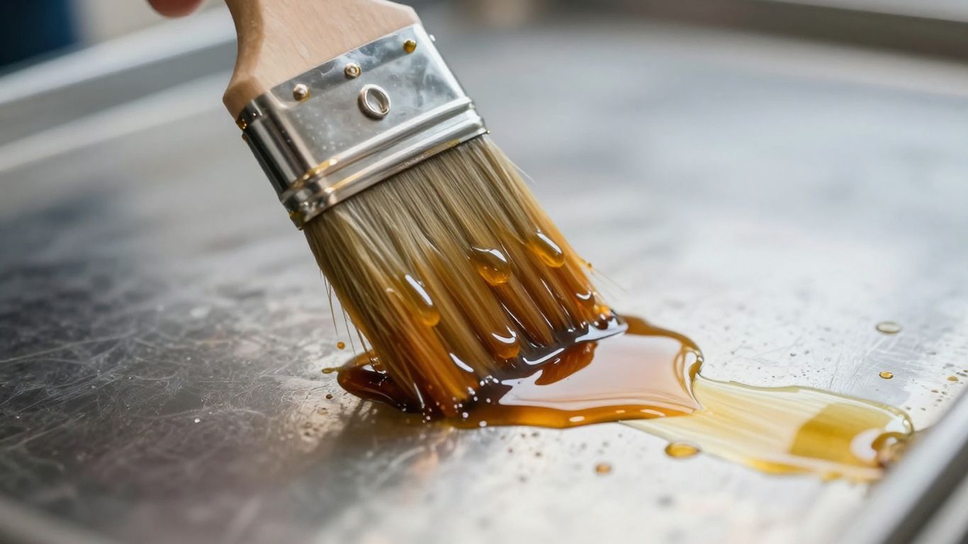 Epoxy primer coating a metal surface with a glossy finish.