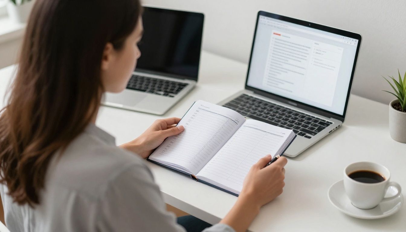 A diverse busy woman calmly reviewing a time-blocked weekly planner at a bright home office desk, with a laptop, coffee, and subtle family-life details, realistic editorial photography, no text or readable writing