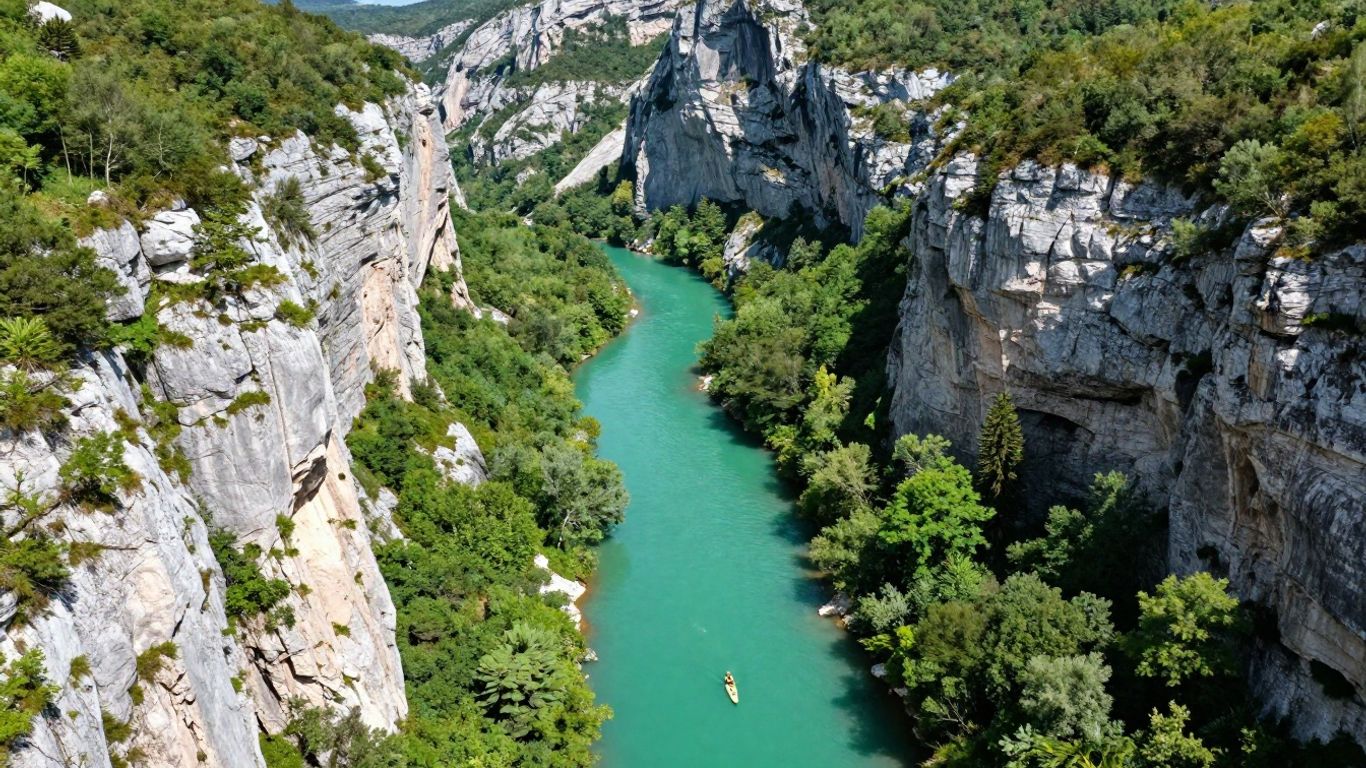 Turquoise Verdon river beneath limestone cliffs