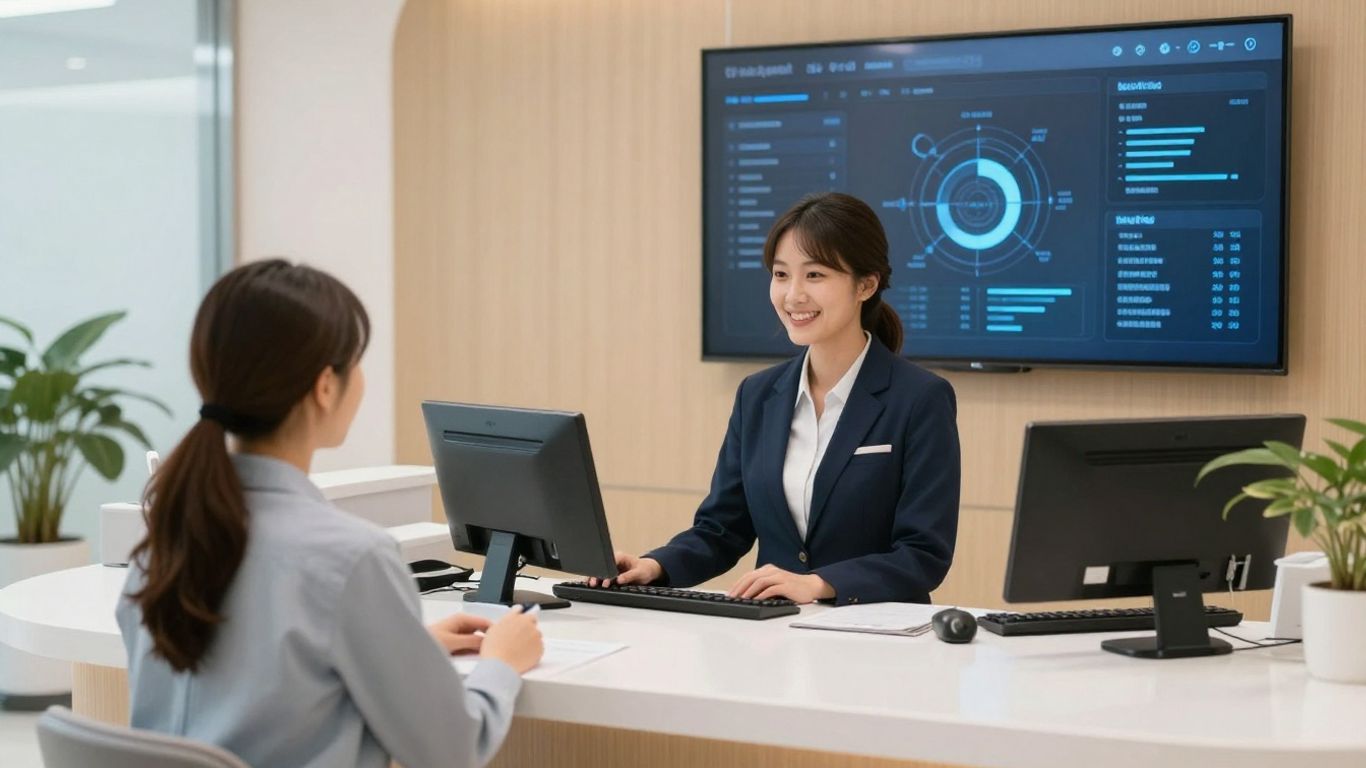 Dental clinic reception with AI integration for secure calls.