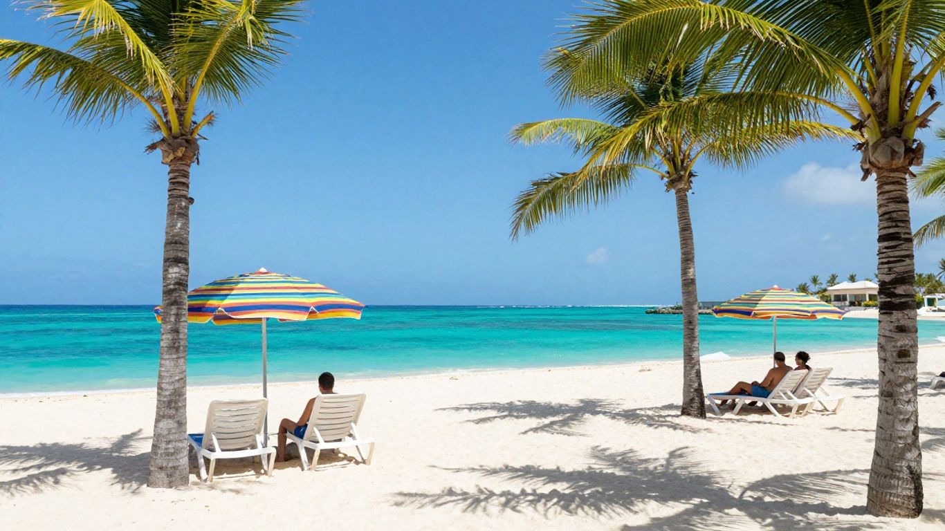 Couple relaxing on a sunny beach with palm trees.