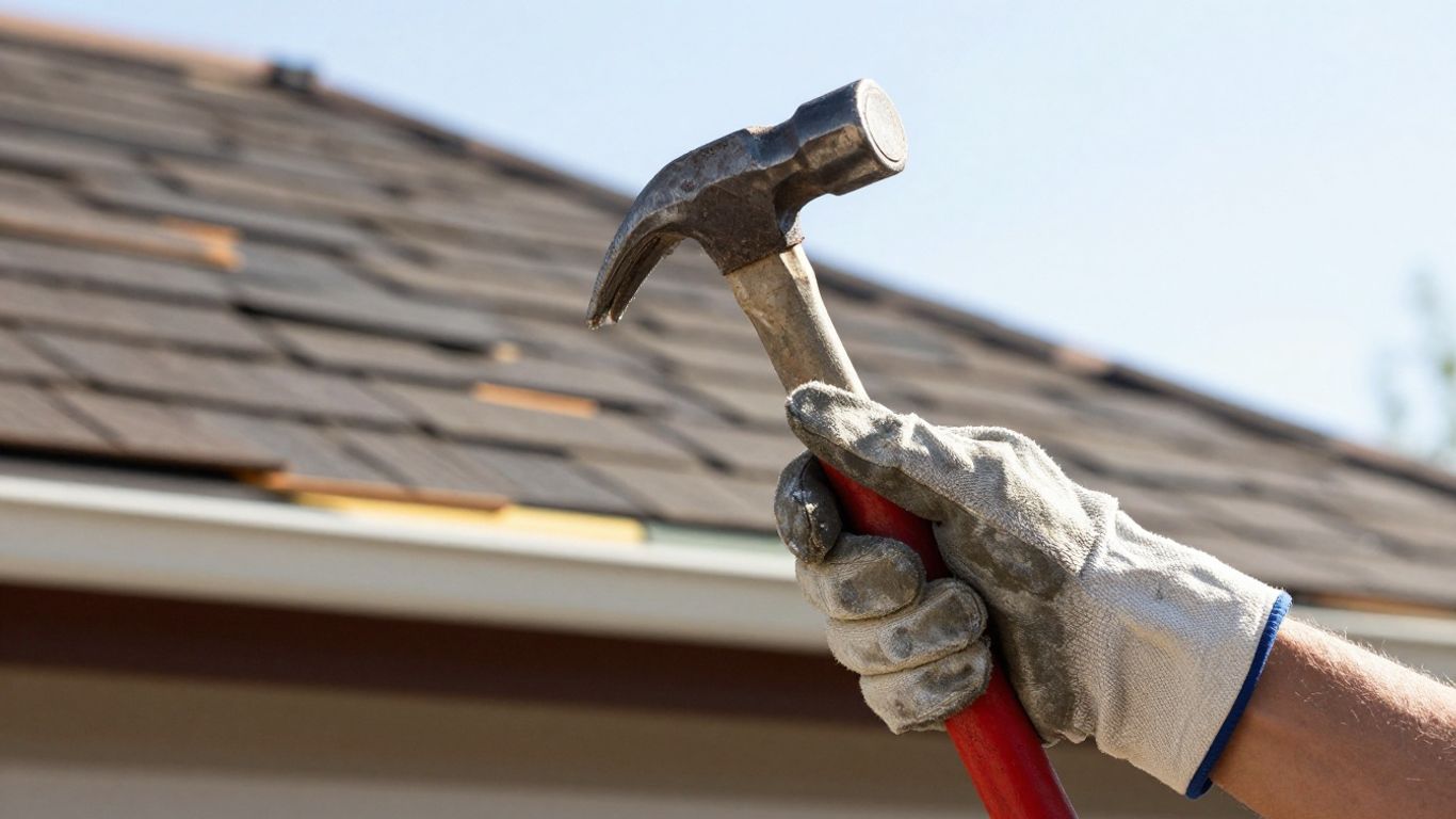 Roofer's hands with hammer and shingles on a roof.