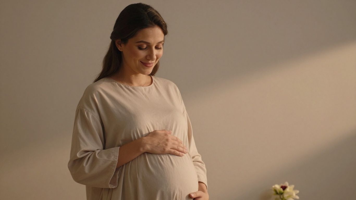 Mulher grávida tocando a barriga com um sorriso.