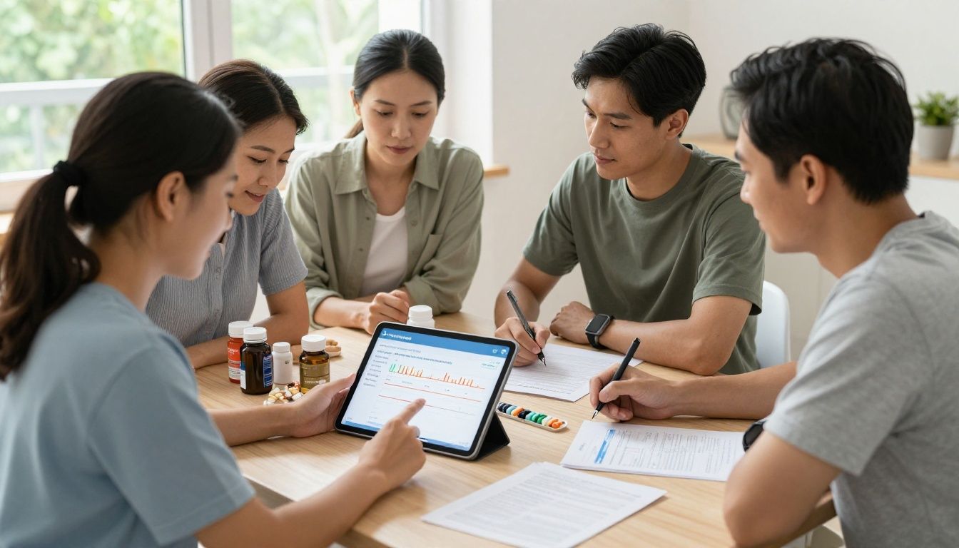 Bright modern health-tech scene with a diverse middle-aged adult reviewing hormone symptom trends and lab results on a tablet beside organized supplements, a fitness watch, and a tidy recovery routine setup; natural daylight, realistic photography, no text or logos