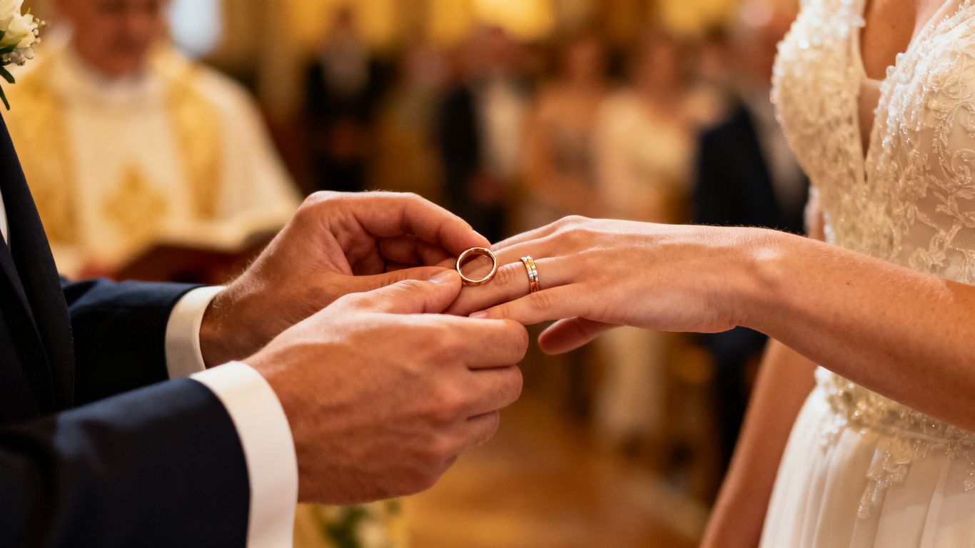 Couple exchanging wedding rings during a ceremony.
