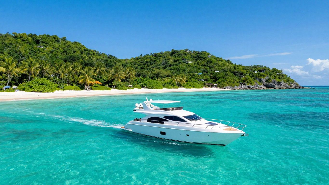 Luxury yacht sailing in clear turquoise Bahamas waters.