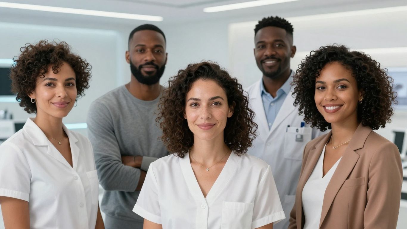 Diverse patients in a modern dermatology clinic.