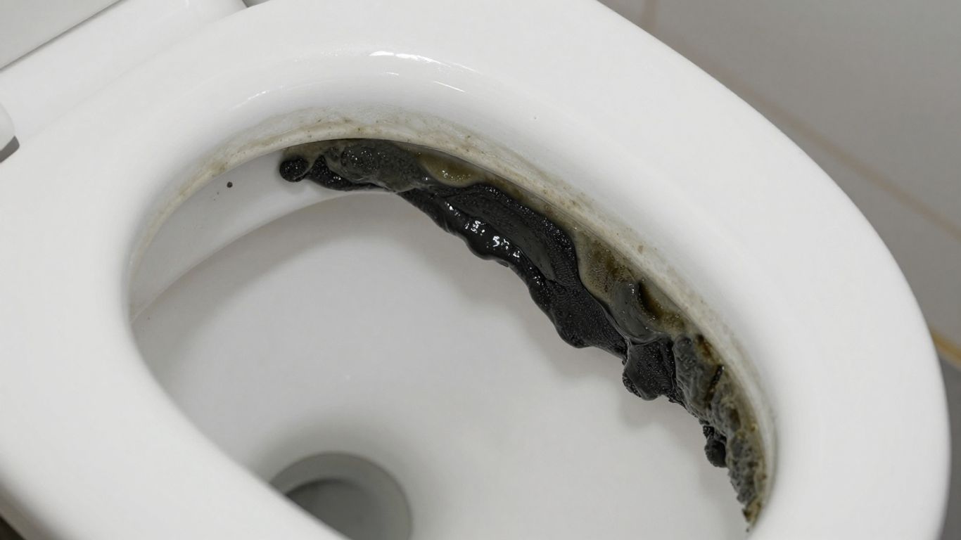 Black mold growing inside a toilet bowl.