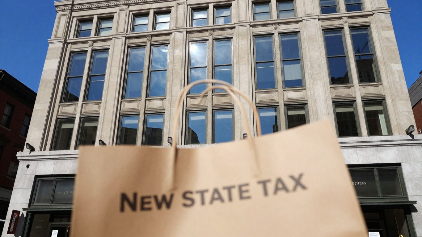 New York State tax building with shopping bag and receipt.