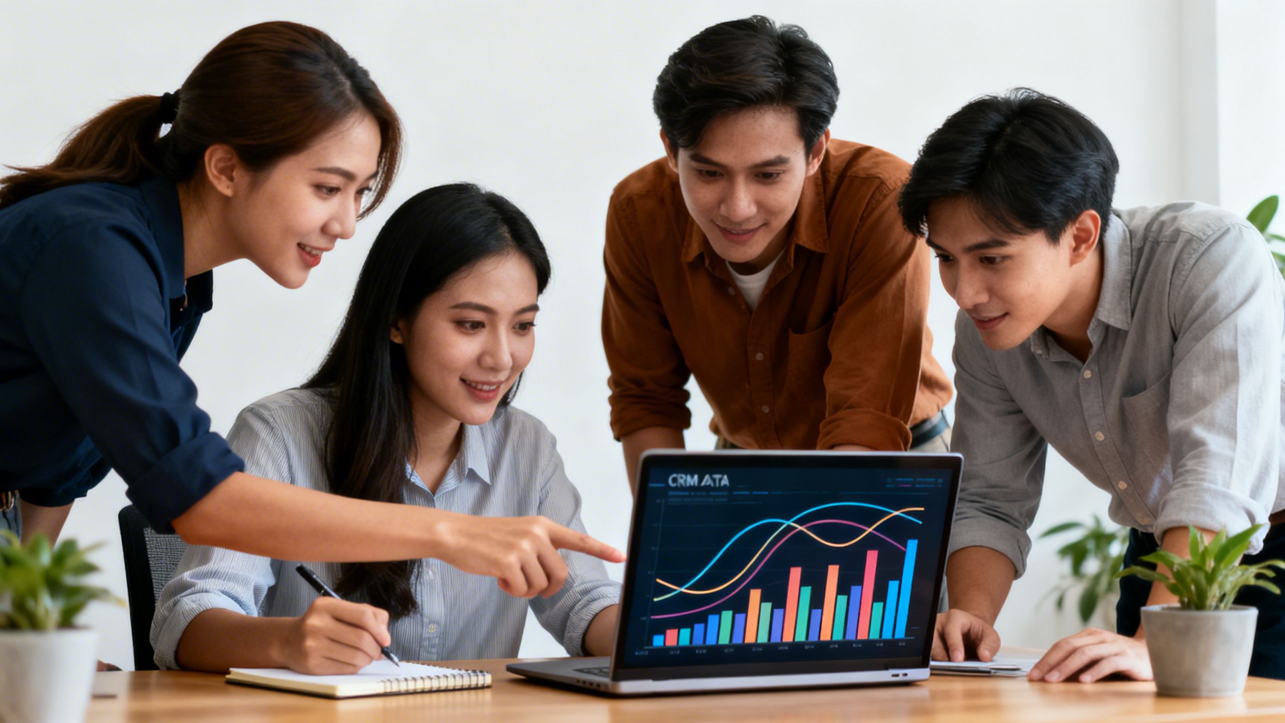 A small business team collaborating around a laptop displaying abstract CRM data graphs