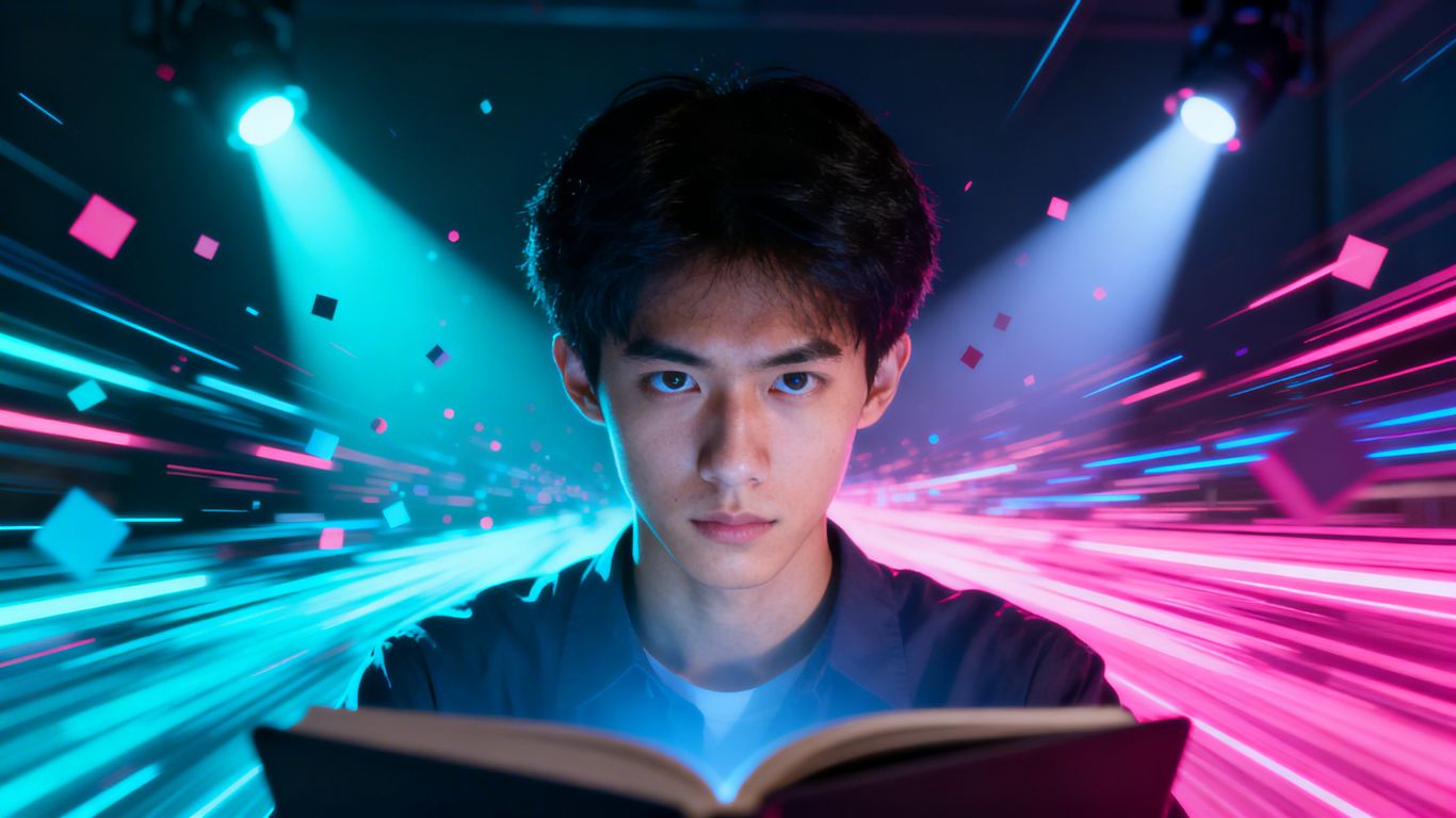 Digital marketing learning path with bright light streaks.