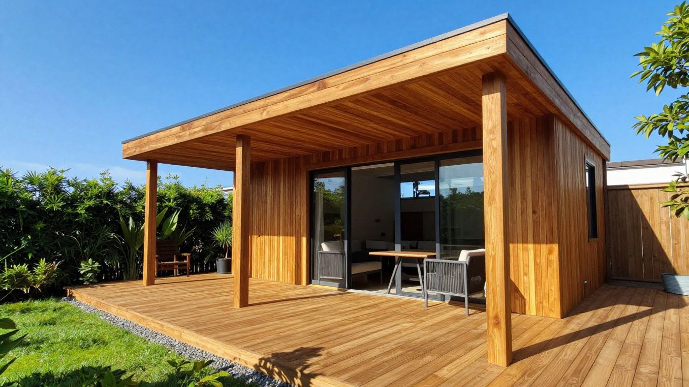 New wooden deck with furniture and landscaping.