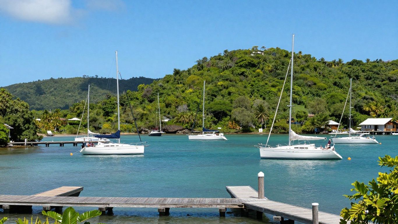 Docked yachts in a protected Caribbean bay harbor