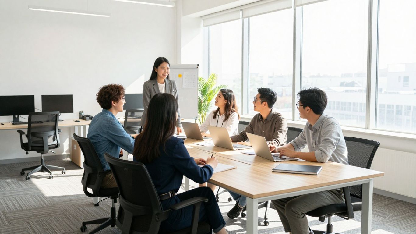 Personas colaborando en un espacio de trabajo moderno.