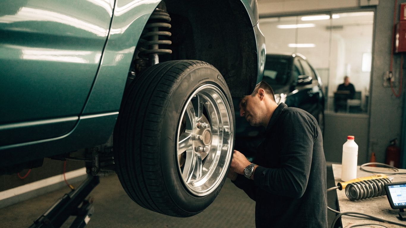 Technician inspecting a raised car wheel