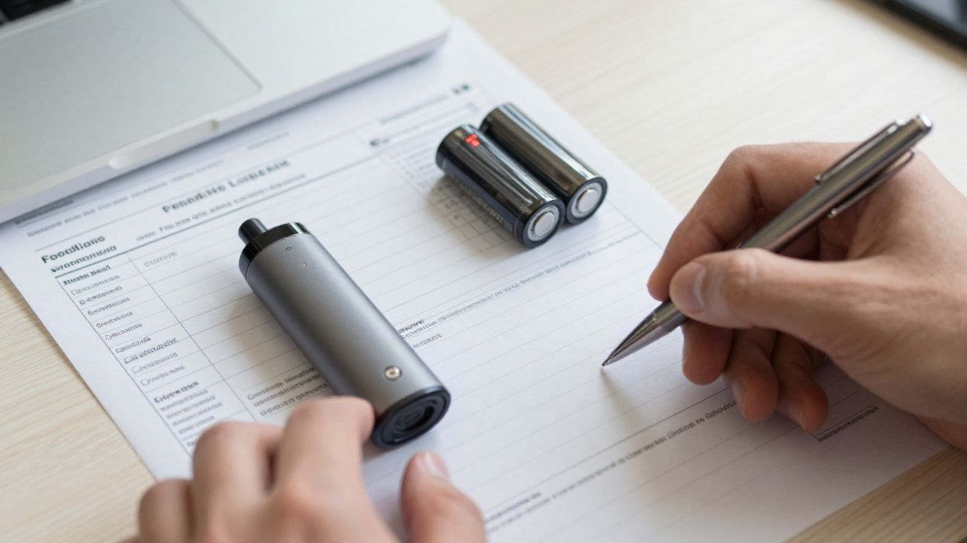 Battery specifications and shipping papers on a desk