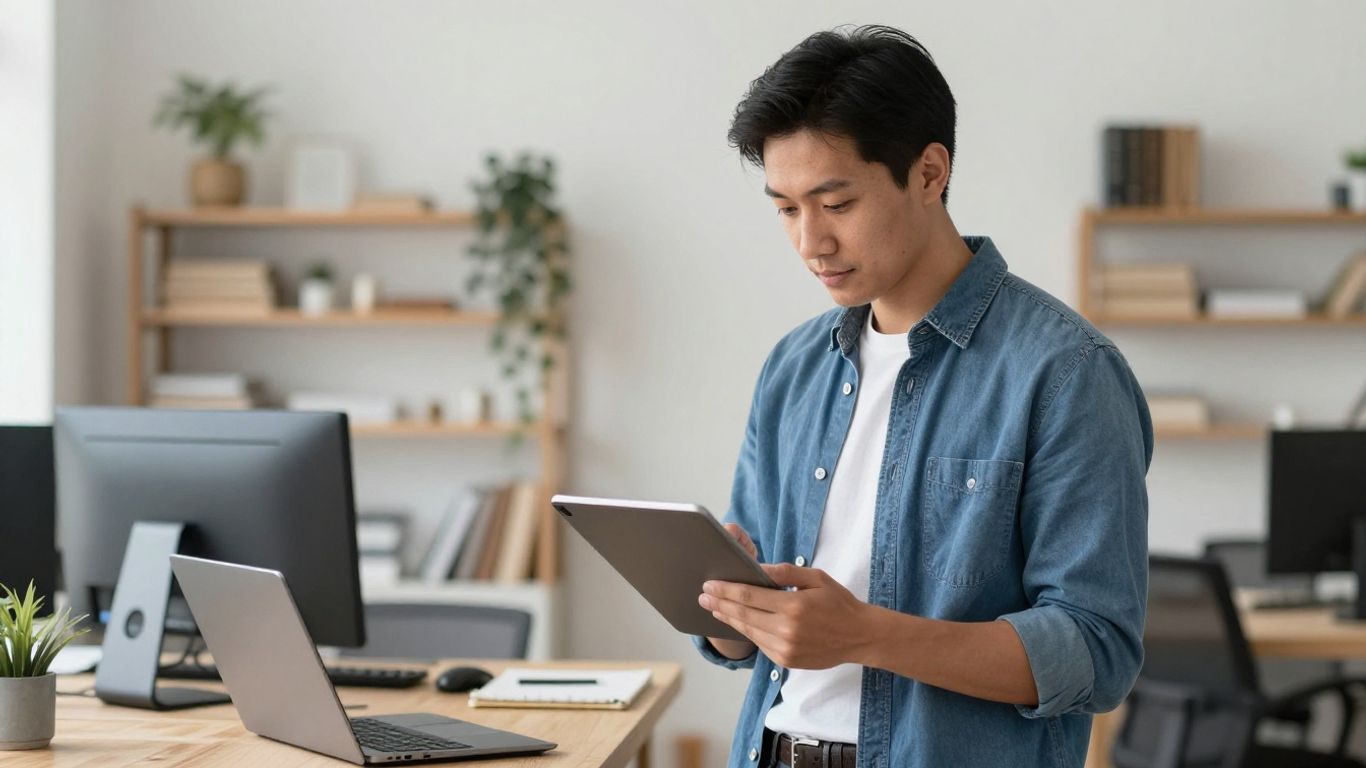 A salesperson checking data on a tablet device