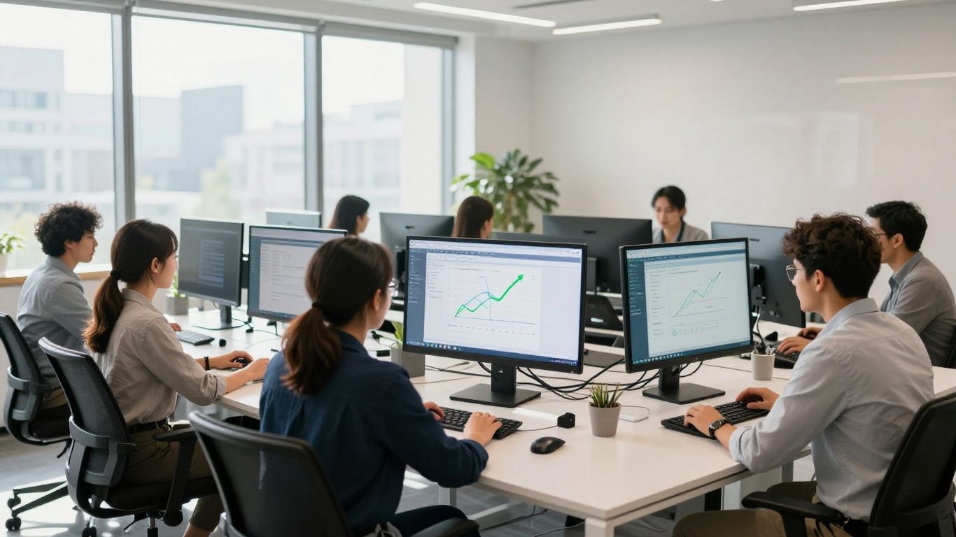 Team collaborating in a modern office with digital interfaces.