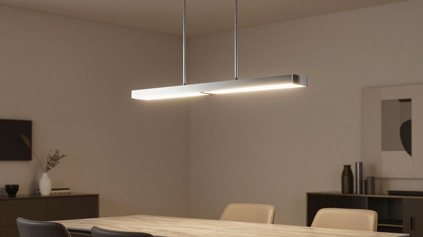 Modern rectangular chandelier illuminating a dining room.
