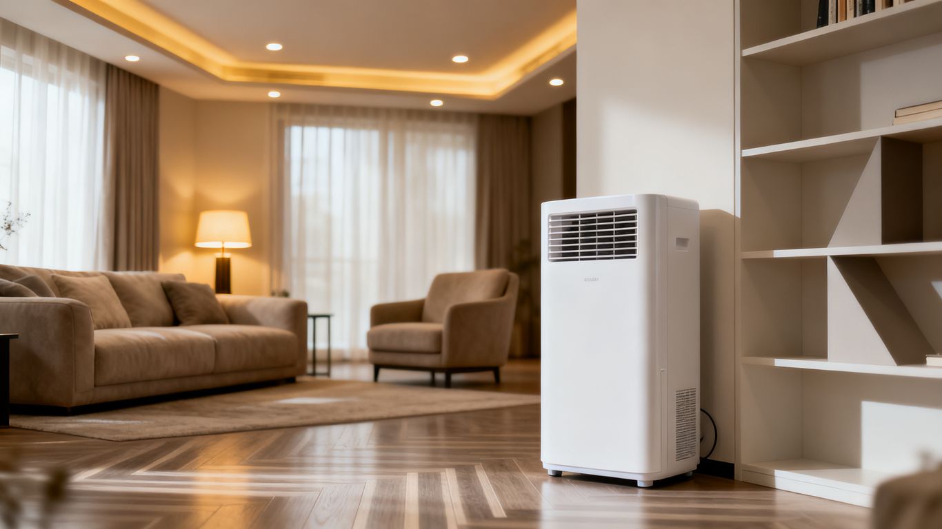 A modern living room with a sleek dehumidifier unit.