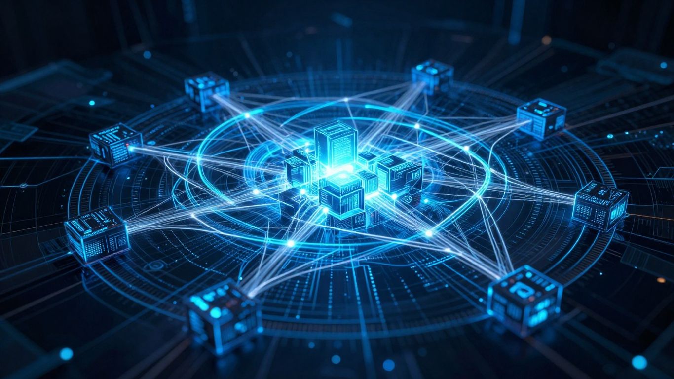 Interconnected glowing digital blocks forming a blockchain network.