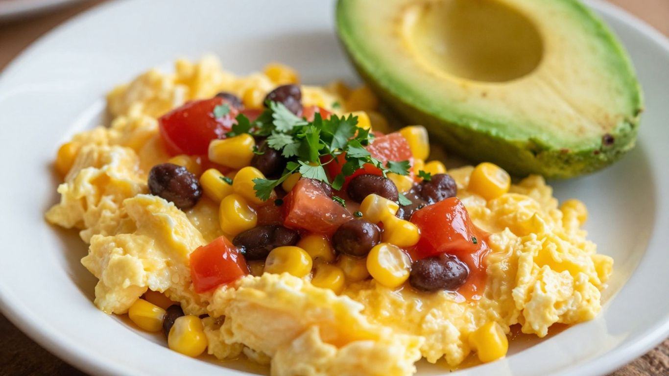 Southwest-inspired eggs with beans, corn, salsa, and avocado.