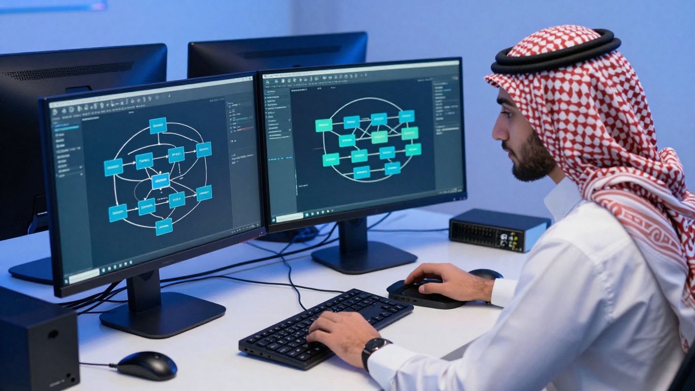 متدرب يراجع مخطط شبكة على شاشة