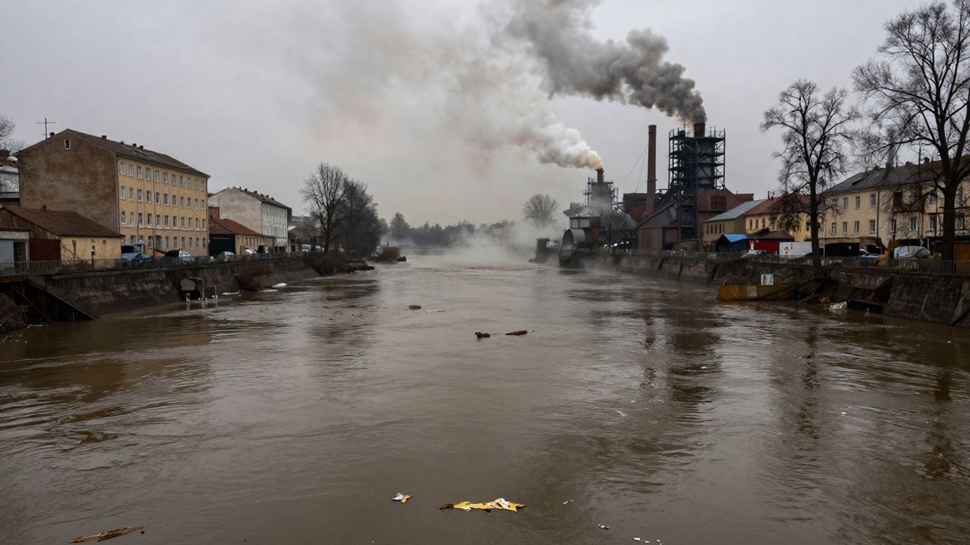 Polluted European river with industrial background.