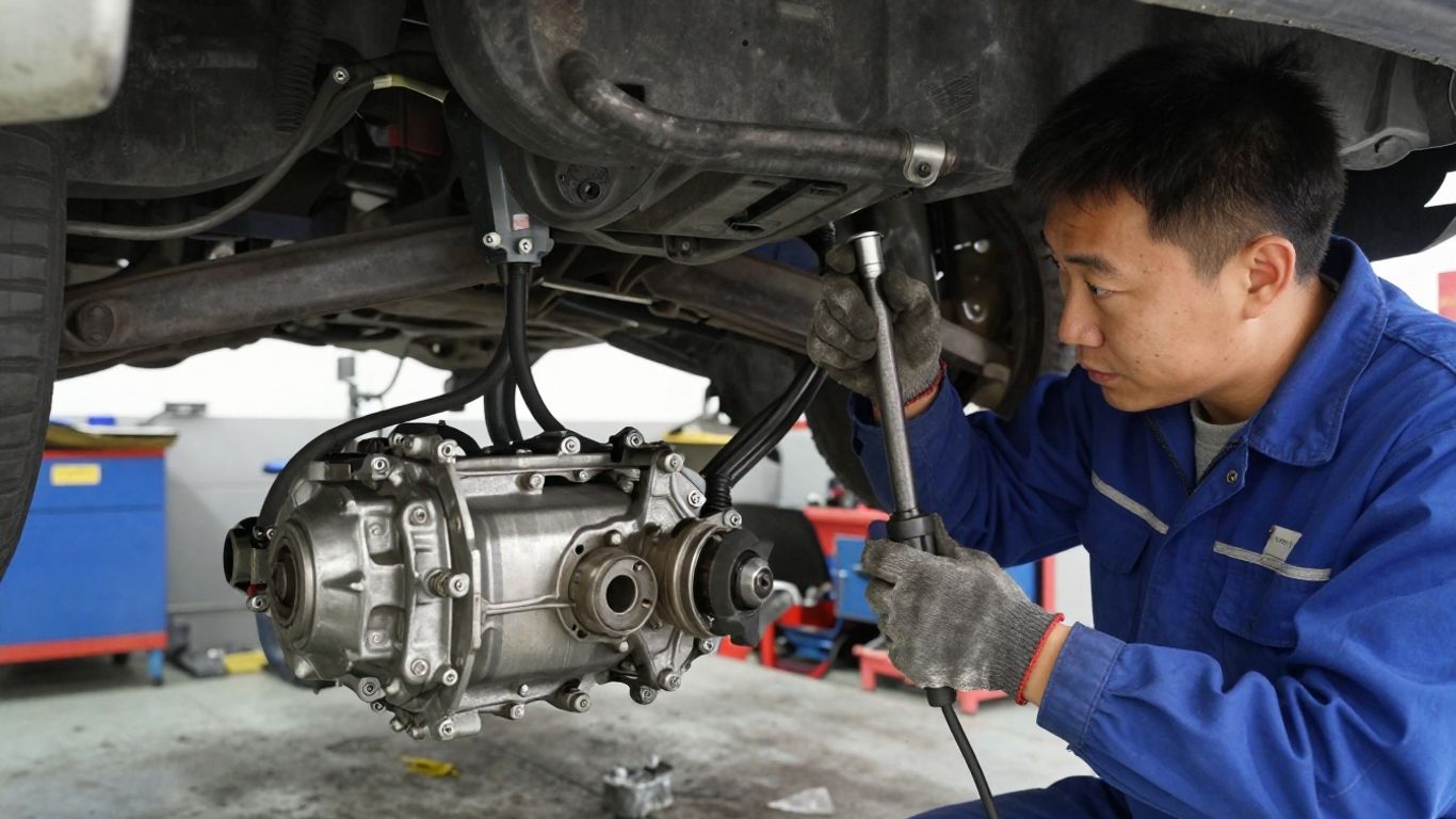 Mechanic inspecting steering rack beneath raised vehicle