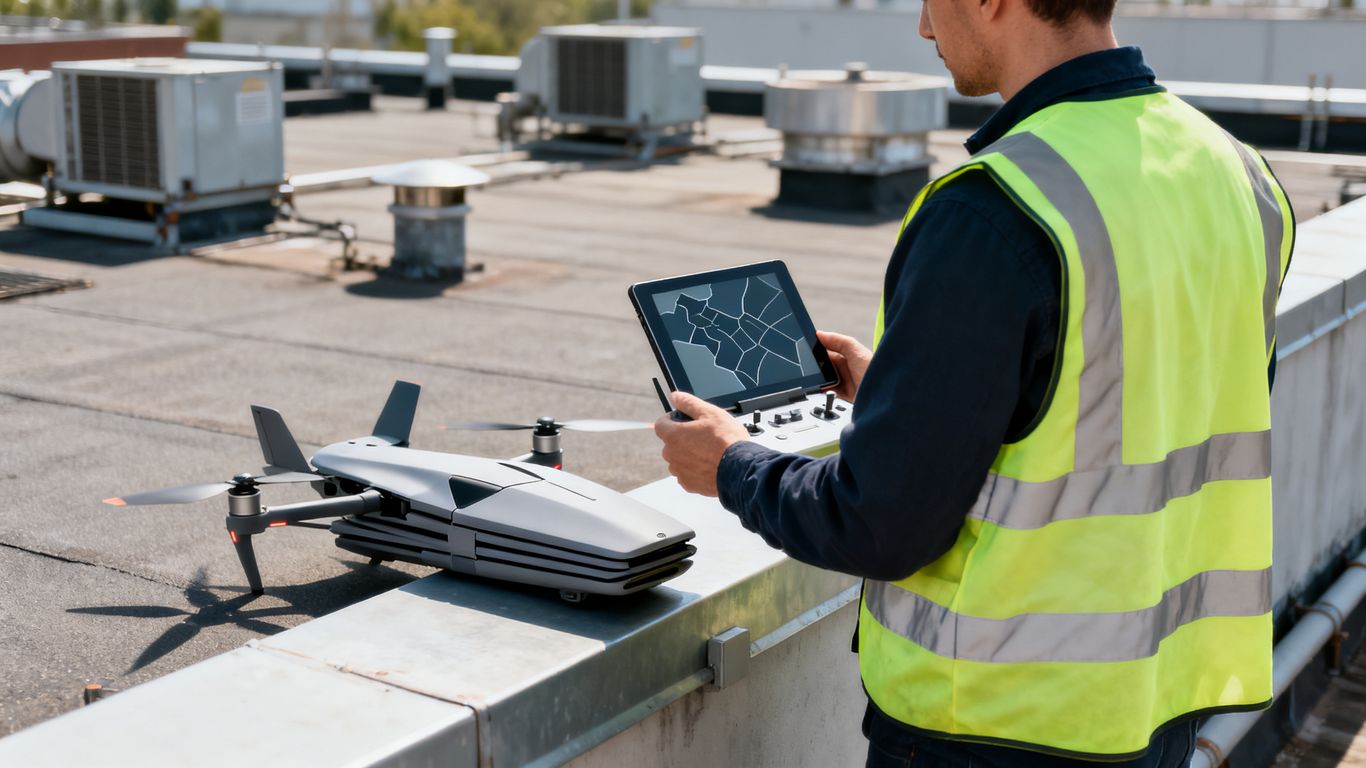 Drone operator planning commercial roof survey