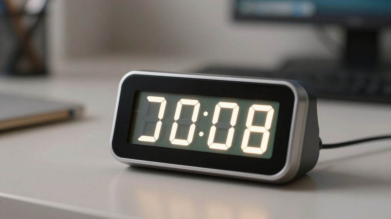 Digital timer on a clean desk, promoting focus.