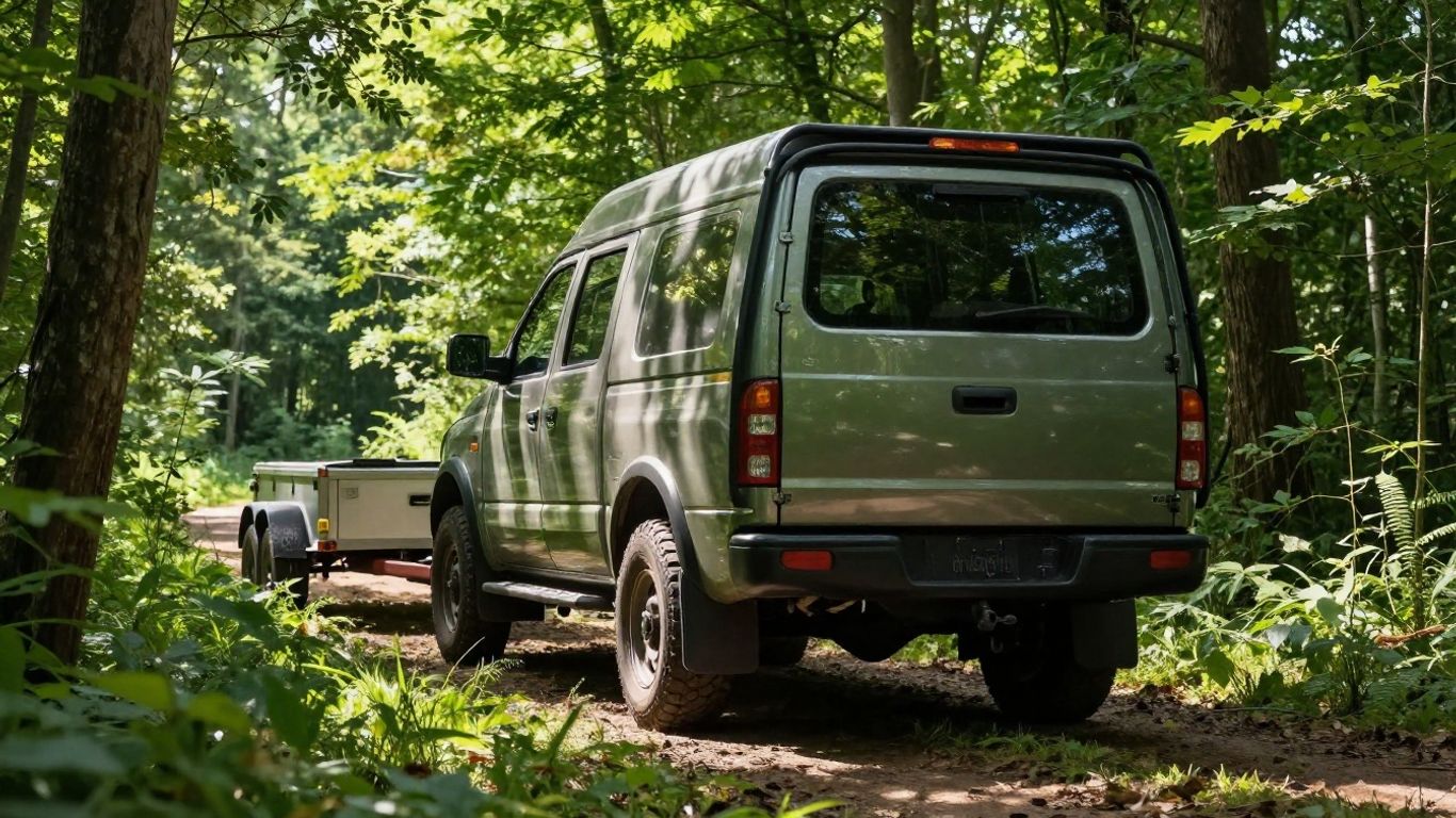 Truck towing trailer in a green forest.