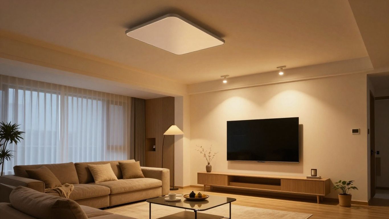 Smart lighting in a low-ceiling living room.