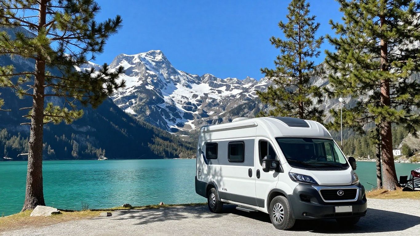 Motorhome by a lake in the Canadian Rockies.